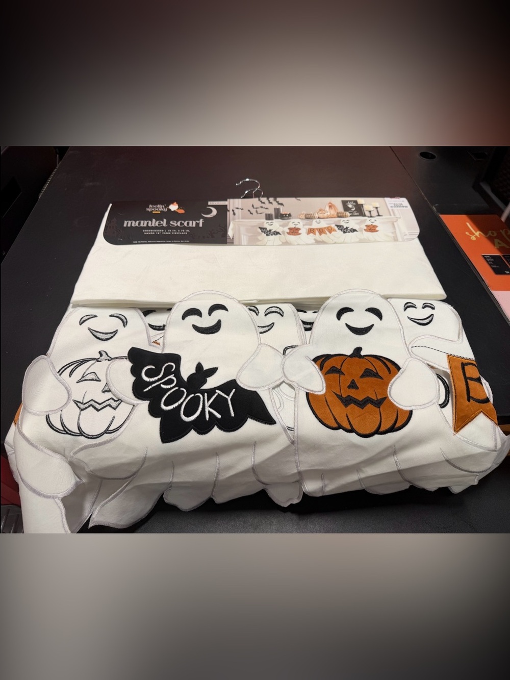 Halloween Mantel Scarf Ghost Pumpkin White Black Orange Excellent Condition